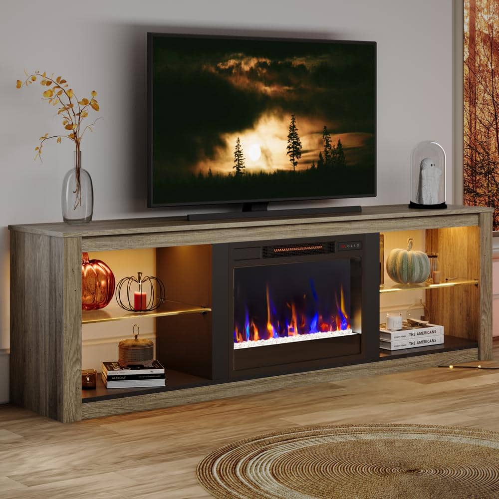 Wash Grey Electric Fireplace TV Stand with LED Lights for 75" TV