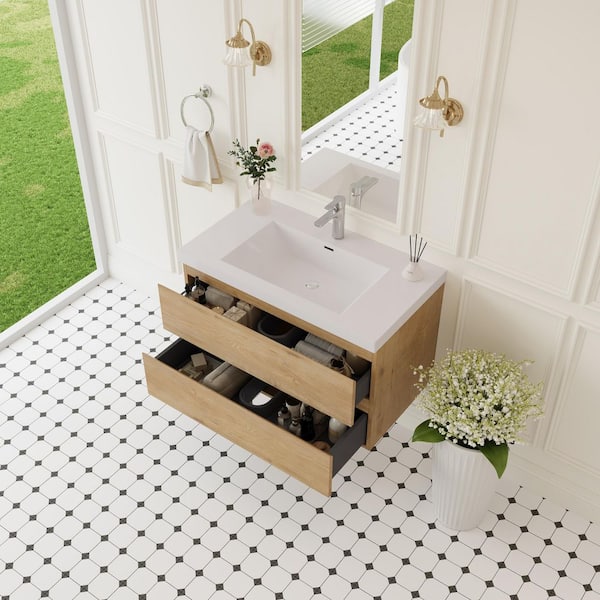 Angela 36 in. W x 18.7 in. D x 20.5 in. H Wall Mounted Floating Vanity Cabinet in Natural Oak with Glossy White Sink