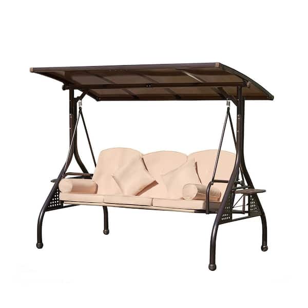 Unbranded 3-Seats Outdoor Metal Patio Swing Chairs Style 1 with Adjustable Tilt Canopy, Durable Steel Frame and Khaki Cushion