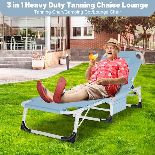 BOZTIY Metal Chaise Lounge Chairs for Outside Tanning Chair with Face Hole, Pillow, Side Pocket and Blue Mattress