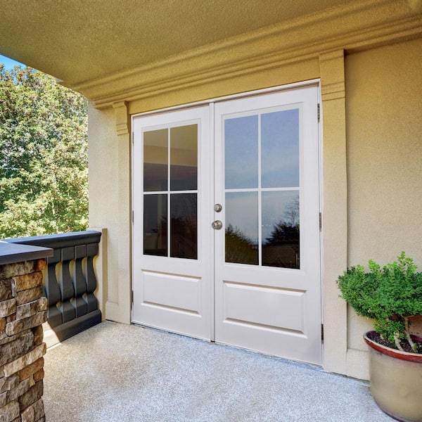 72 in. x 80 in. Smooth White Fiberglass Right-Hand Outswing Hinged 3/4-Lite Patio Door with 4-Lite GBG