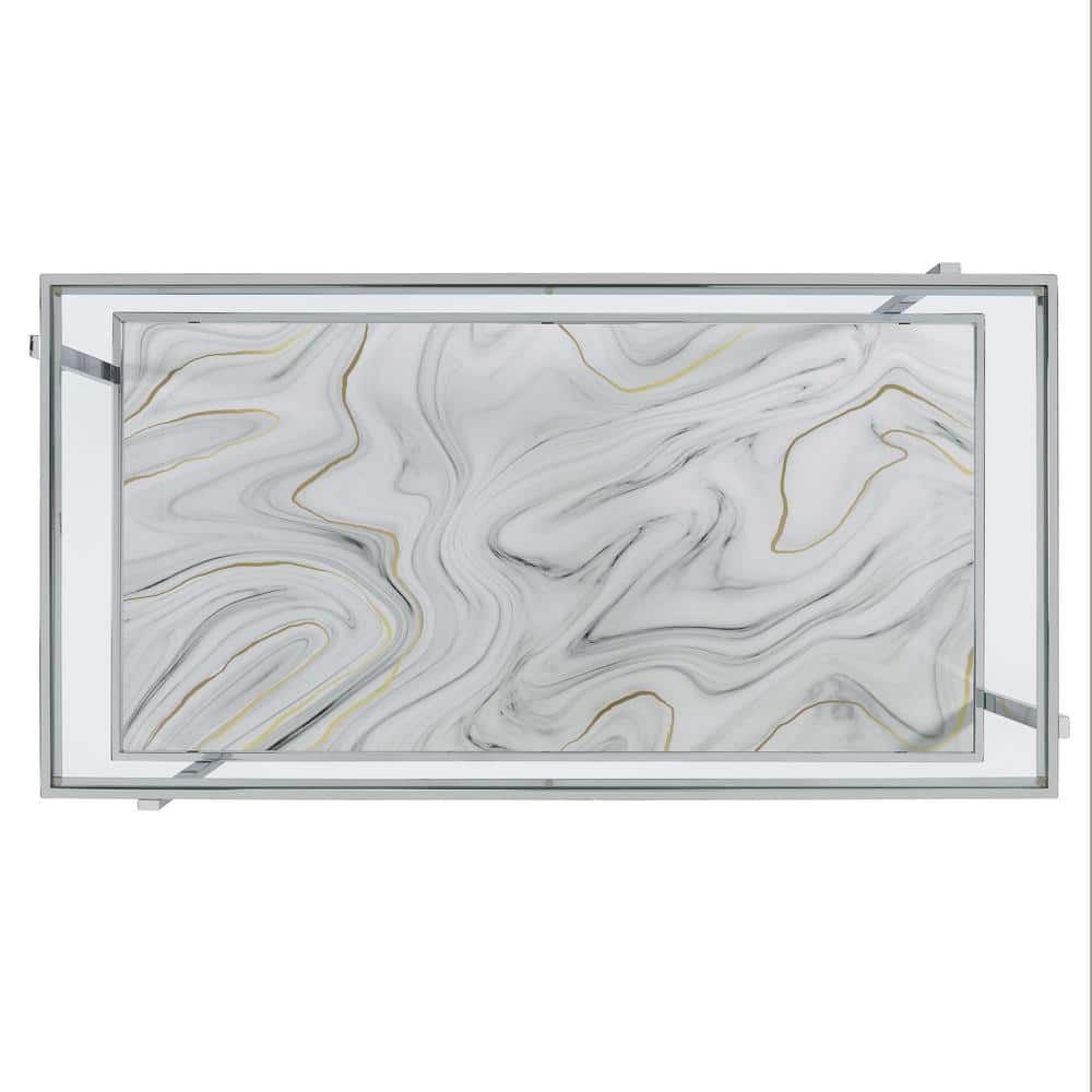 Mika 50" Rectangular Glass and Chrome Coffee Table with Faux-Stone Shelf