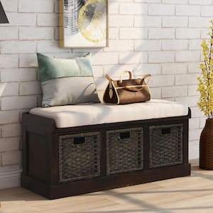 Espresso Storage Bench 3-Removable Classic Rattan Basket, Entryway Bench with Cushion 43.7 in. L x 15.7 in. W x 17 in. H