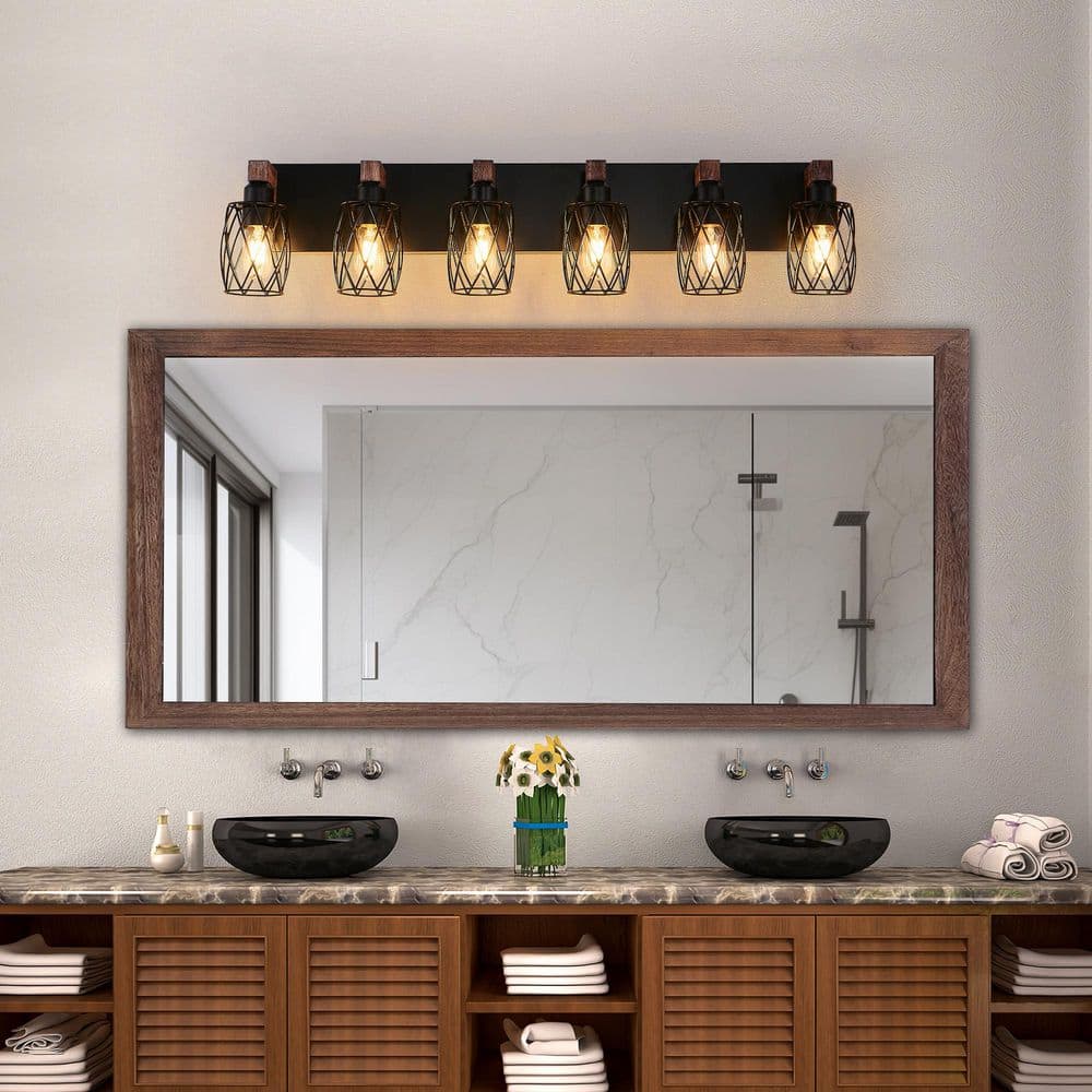 5.7 in. 6 Light Walnut Vanity Light Industrial Vintage Wall Sconce-Black Cage Wall Lighting Fixture with Wooden Accents price history on PriceWatchPro