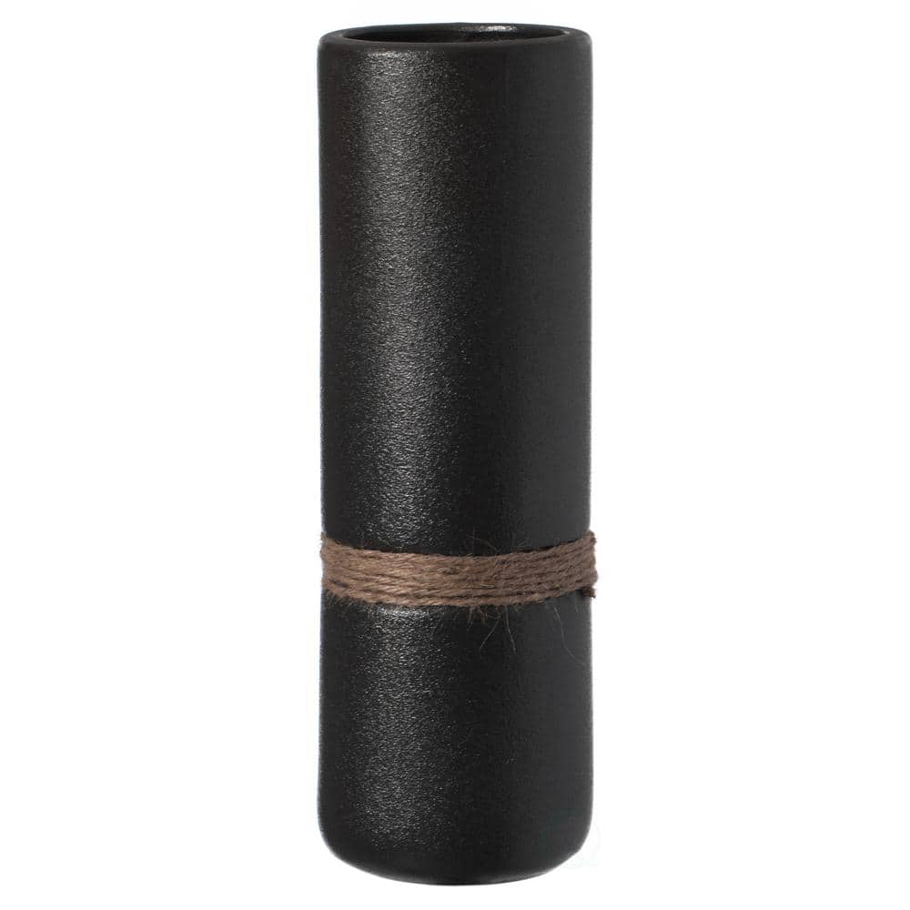 Elegant Cylinder Ceramic Table Vase in Black with Decorative Rope