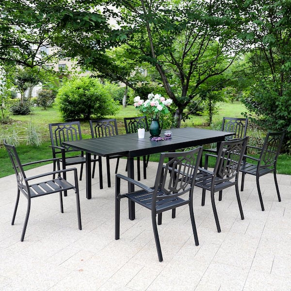 PHI VILLA Black 9-Piece Metal Patio Outdoor Dining Set with Extendable Table and Fashion Chairs