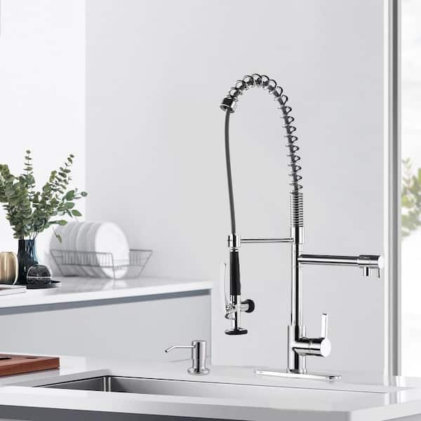 28.7 in. Single Handle Spring Pull Down Sprayer Kitchen Faucet with 2 x 360° Swivel Spout and Soap Dispenser in Chrome