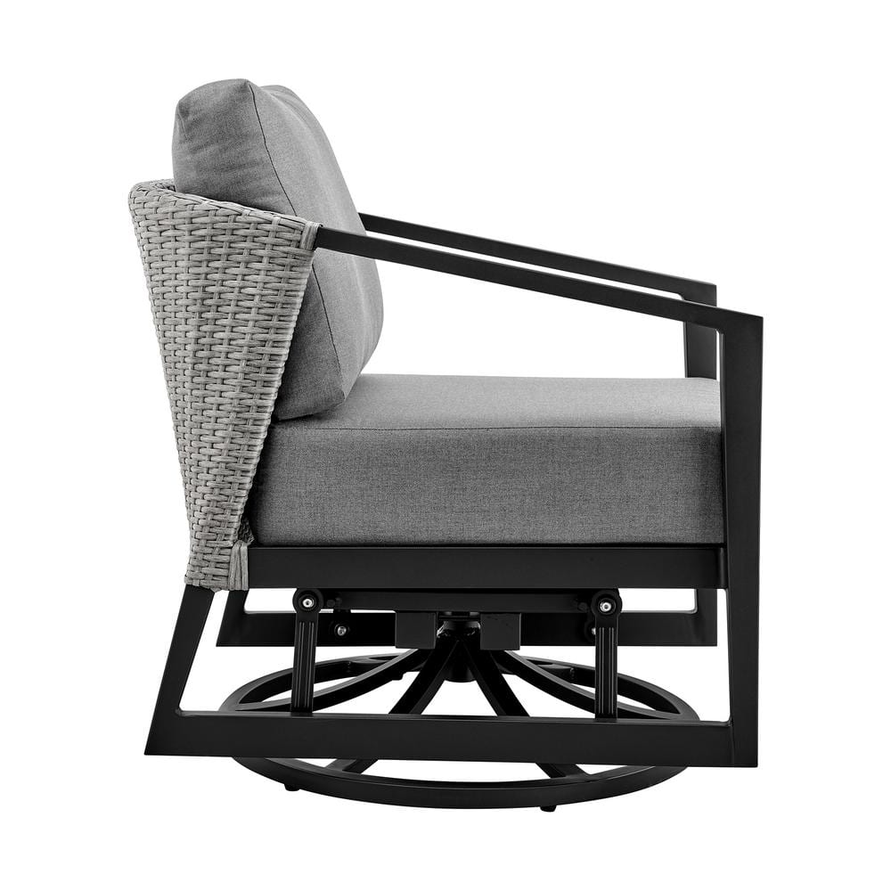 Aileen Black Aluminum and Grey Wicker Swivel Lounge Chair with Cushions