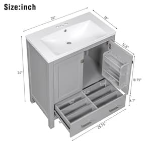 30 in. Multifunctional Modular Freestanding Storage Gray Bathroom Vanity Cabinet with White Caremic Sink Top, Drawer