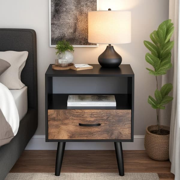FUFU&GAGA 1-Drawer Black Wood Nightstand With Open Shelf and Solid Wood Legs, Side Table Bedside Table 23.6"H x 19.7"W x 15.7"D