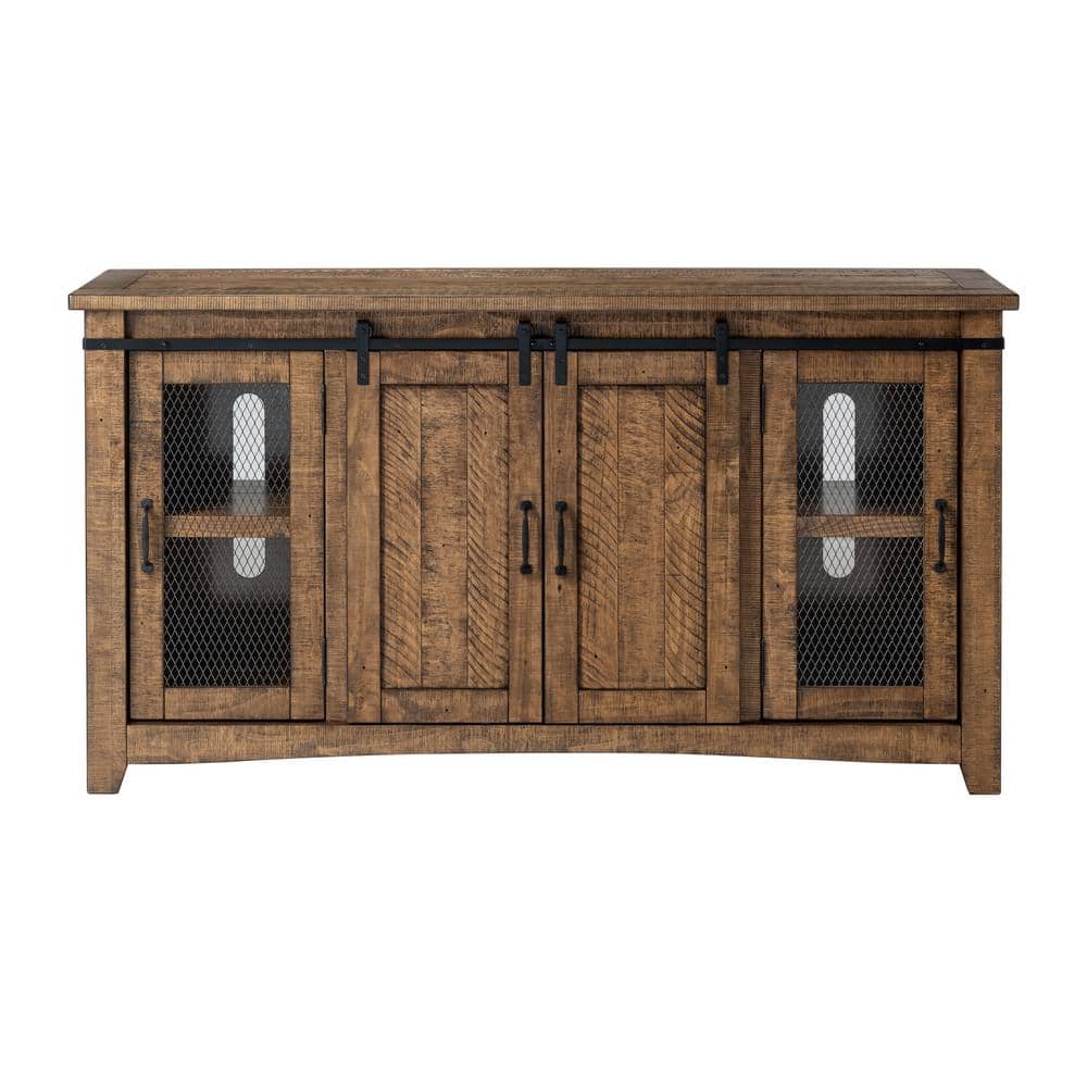 Rustic Pine and Black Metal Mesh 65" TV Stand with Cabinet