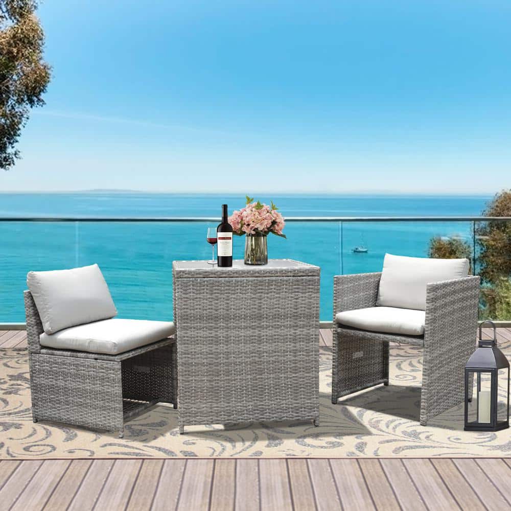 3-Piece Metal Outdoor Bistro Dining Set with Gray Cushions