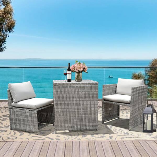 Freestyle 3-Piece Metal Outdoor Bistro Dining Set with Gray Cushions