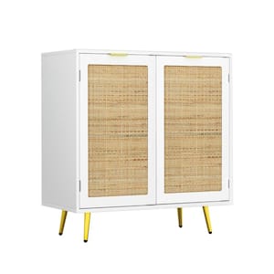 Rattan White Accent Cabinet Free-Standing Sideboard Buffet Storage Cabinet with Doors