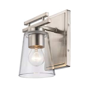 Iris 1-Light Brushed Nickel Indoor Wall Sconce Light Fixture with Clear Glass Shade