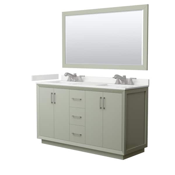 Wyndham Collection Strada 60 in. W x 22 in. D x 35 in. H Double Bath Vanity in Light Green with White Quartz Top and 58 in. Mirror