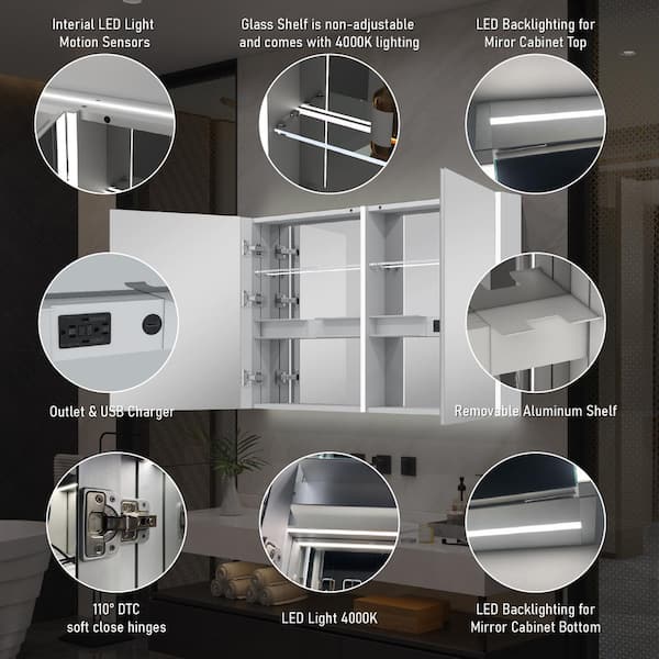 WELLFOR CHIC 48-in x 30-in Lighted LED Fog Free Surface Mount Black Mirrored Soft Close Medicine Cabinet with Outlet
