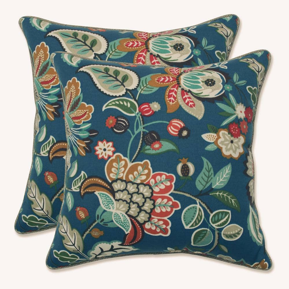 Blue and Tan Botanical Pattern Outdoor Throw Pillow Set