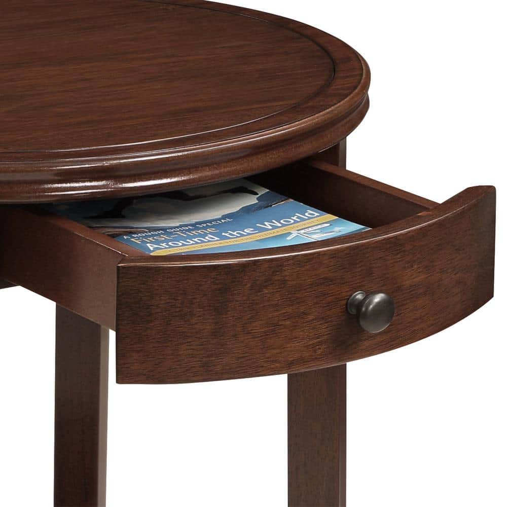 Espresso Round Wood End Table with Drawer and Shelf