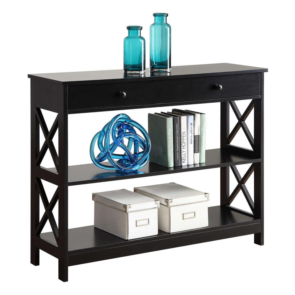 Oxford Transitional Black Wood Console Table with Drawer and Shelves