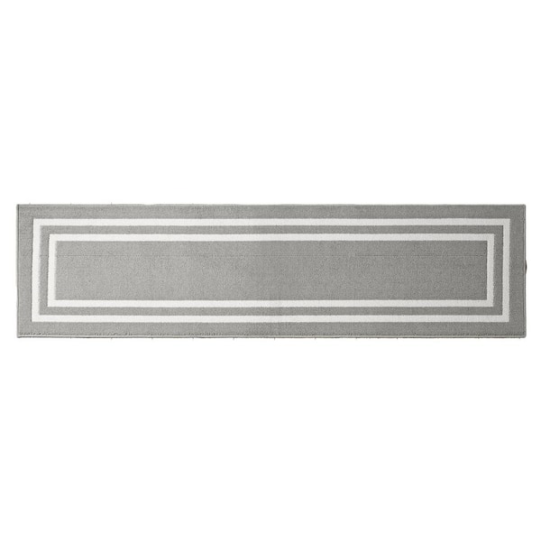 Washable Skid Resistant Light Grey/White  2.5 ft. x 10 ft. All Loop Tufted Area Rug
