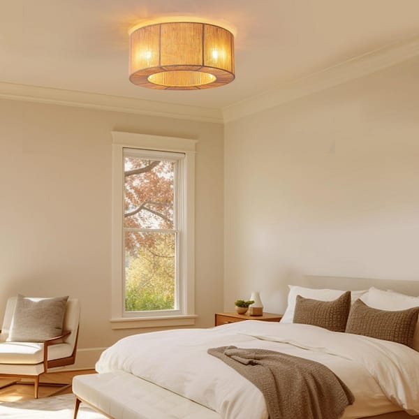 18 in. Indoor Boho Rattan Caged White Low Profile Bladeless Ceiling Fan with Light and Remote, Flush Mount Ceiling Fan