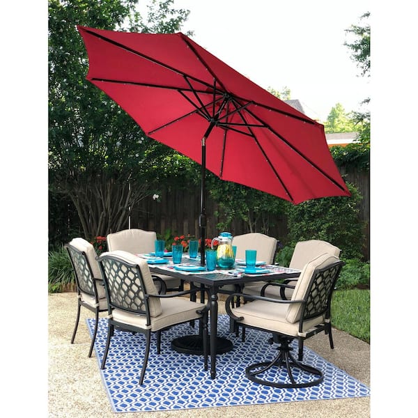 9 ft. Round Market Solar Lighted Umbrella in Burgundy