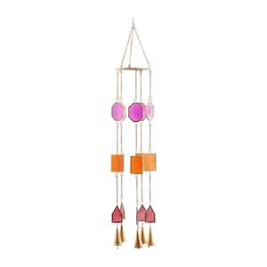 34 in. Multi Colored Metal Geometric Indoor Outdoor Windchime with Stained Glass