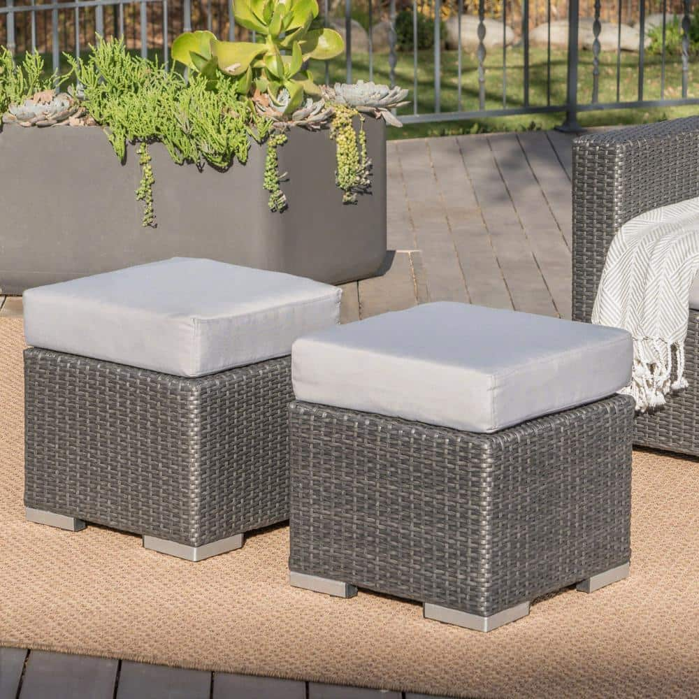 Noble House Santa Rosa Grey Wicker Outdoor Patio Ottoman with Silver Grey Cushion (2-Pack)