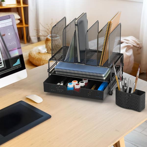 5.5"D x 13.2"W x 12"H Black Mesh Desk Organizer with Sliding Drawer, Double Tray & 5 Upright Compartments