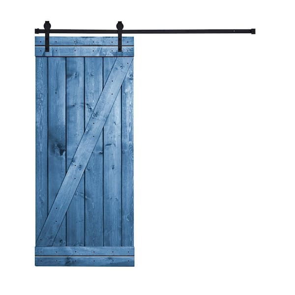 AIOPOP HOME Z-Bar Series 30 in. x 84 in. Navy Blue Stained Knotty Pine Wood DIY Sliding Barn Door with Hardware Kit