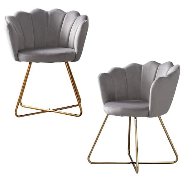 URTR Gray Flower Style Velvet Dining Chair Armchair Side Chair with Metal Leg for Dining Room Office Living Room (Set of 2)