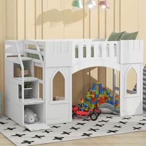 White Twin Size Castle-Shaped Wood Loft Bed with Storage Staircase and 2 Windows