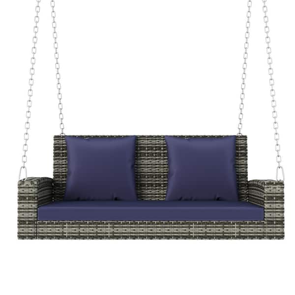 Sudzendf 2-Person Gray Wicker Hanging Porch Swing with Chains, Blue Cushion and Pillow