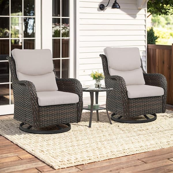 Pocassy Crescent Moon Brown 3-Piece Wicker Patio Conversation Deep Seating Set with Beige Cushions
