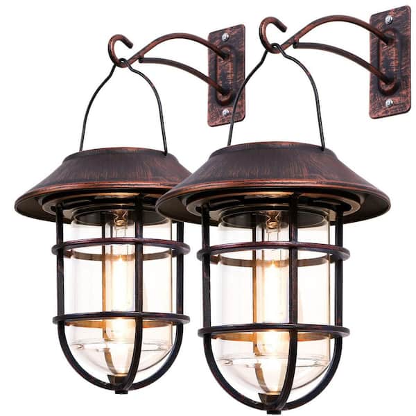 Solar Lantern Outdoor Waterproof Hanging Solar Lights, LED Decorative Aluminum Wall Lantern with Hooks, Bronze