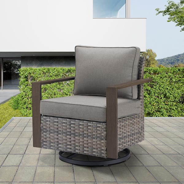 CubeEdge 7-Piece Gray Wicker Fire Pit Conversation Set with Olefin Gray Cushions and Couch/ Patio Swivel Chairs