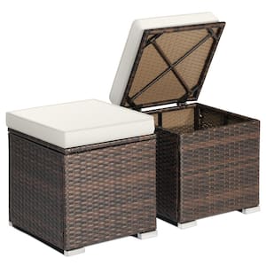 Wicker Outdoor Ottoman Multi-Purpose Footstool Storage Box Side Table with Removable White Cushions (2-Pack)