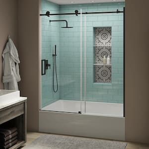 Coraline XL 56 - 60 in. x 70 in. Frameless Sliding Tub Door with StarCast Clear Glass in Matte Black, Left Opening