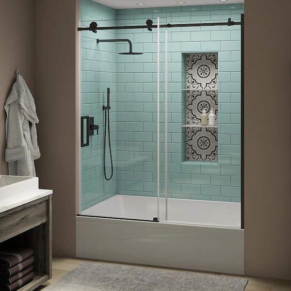 Aston Coraline XL 56 - 60 in. x 70 in. Frameless Sliding Tub Door with StarCast Clear Glass in Matte Black, Left Opening