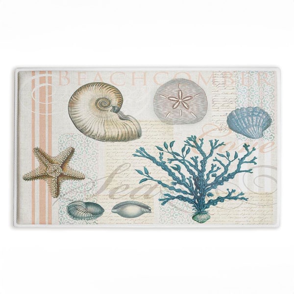 Beachcomber Vintage Sea Collage 18 in. x 30 in. White Abstract Polyester Blend Rectangle Bath Mat