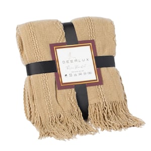 Tan Decorative Zigzag Stripe Pattern Knit Throw Blanket with Fringe