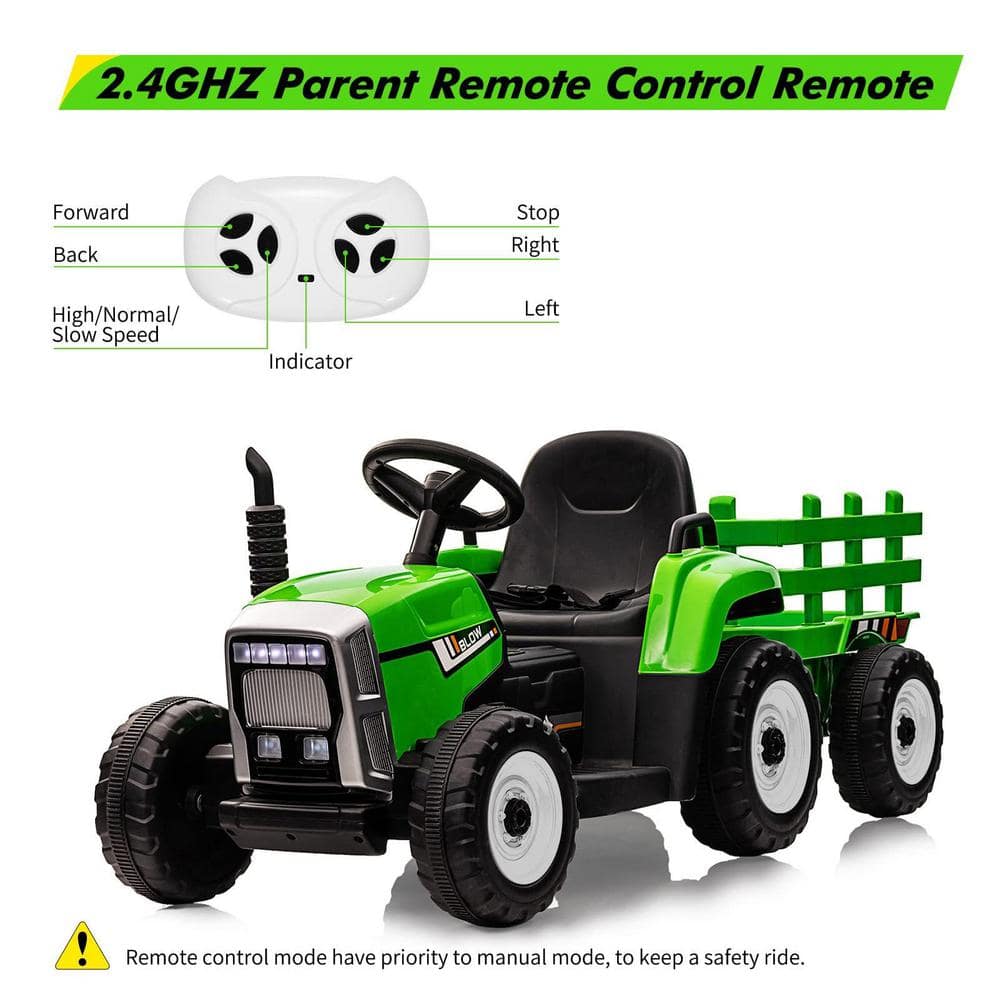 Green 12V Electric Ride-On Tractor with Trailer and Remote Control