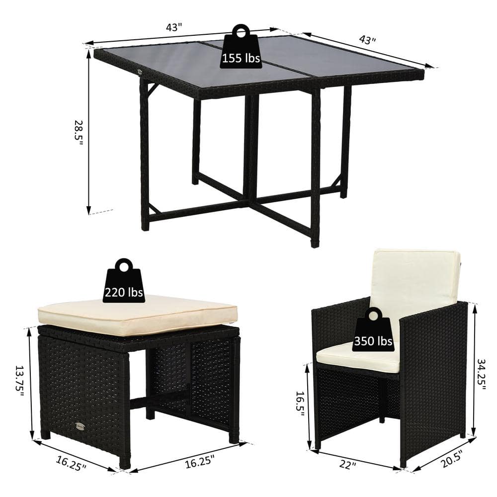 Compact 9-Piece Black Wicker Outdoor Dining Set with Cream Cushions