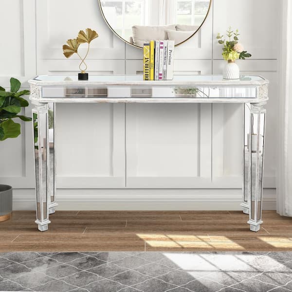 CSC DECOR INC 48 in. White Rectangle Glass Top Console Table, Vintage Sofa Table, Gorgeous Mirror Console Table Entryway, Living Room