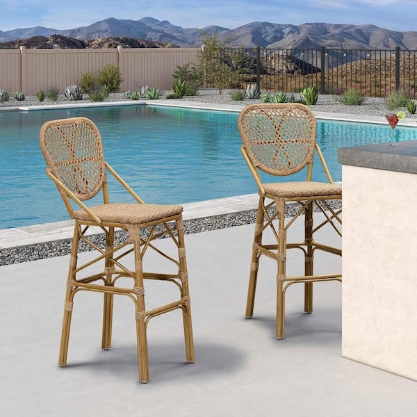 PURPLE LEAF Modern Aluminum PE Rattan Bar Height Outdoor Bar Stool with Back for Pool Garden Kitchen Island (2-Pack)