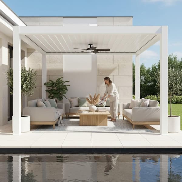 13 ft. x 13 ft. Ivory Aluminum Patio Pergola with Built-In Solar Panel, Ceiling Fan and Round LED Light