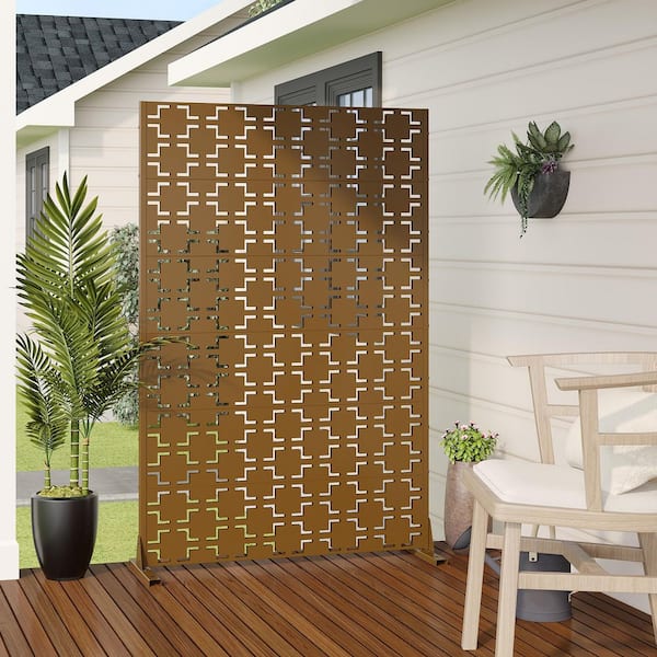 72 in. x 47 in. Outdoor Metal Privacy Screen Garden Fence in Square Pattern in Brown