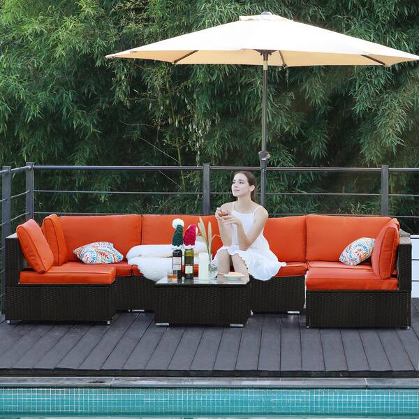 Sudzendf Black 7-Piece Wicker Outdoor Sectional Set with Orange