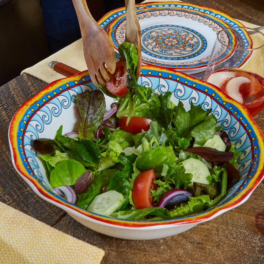 Colorful Ceramic Boho-Chic Bloom Motif Serving Bowl